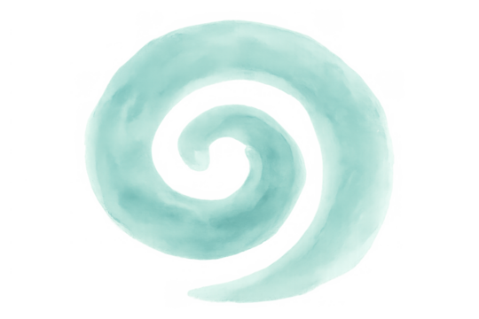Abstract watercolor spiral shape in turquoise color, creating a flowing and dynamic movement. Transparent background