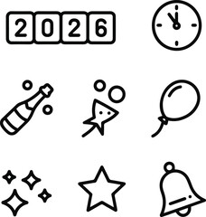 New Year 2026 icon collection with clock, champagne, balloon, and star decorations in line art style