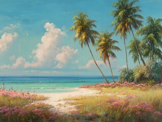 Bright Tropical Beach Landscape with Palm Trees, White Sand, and Colorful Flowers under Blue Sky