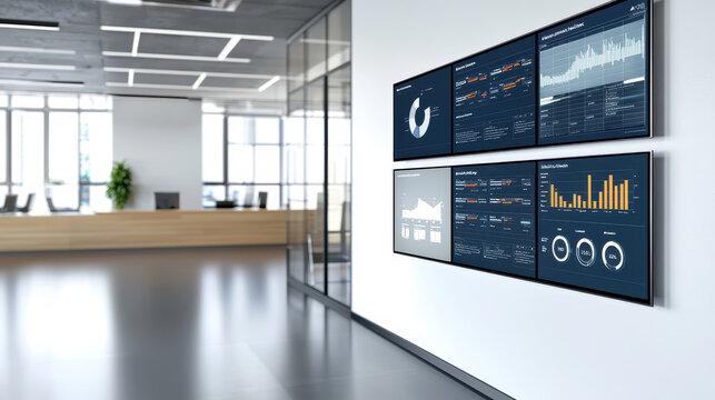 High tech analytics display modern office environment showcasing data visualizations and performance metrics. atmosphere is professional