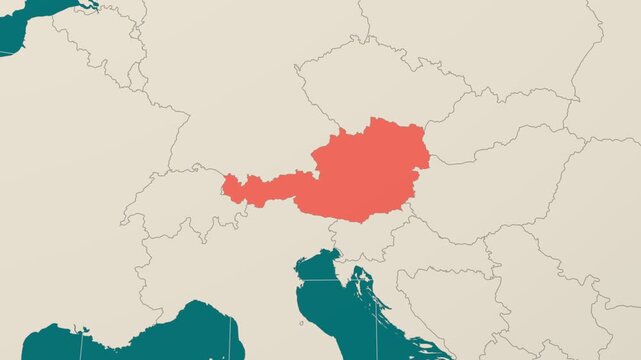 Austria map. Animated zoom into the country on the Globe in Teal Pale Mint color palette. Country logo animation. Map with meridians, parallels. Classic video.