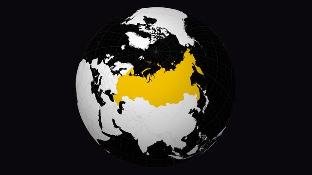 Russia map. Animated zoom into the country on the Globe in Black White color palette. Country logo animation. Map with meridians, parallels. Beautiful video.