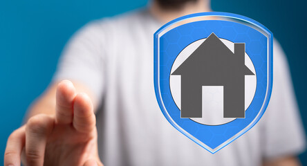 Hand touching a house icon within a shield, symbolizing home security, protection and safety. Represents concepts of safeguarding property, insu