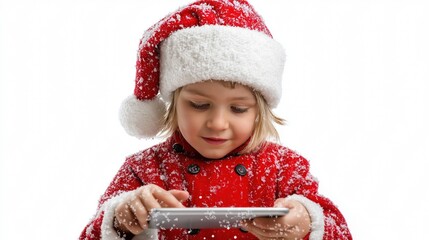 Caucasian child in red santa hat playing tablet amid snowfall