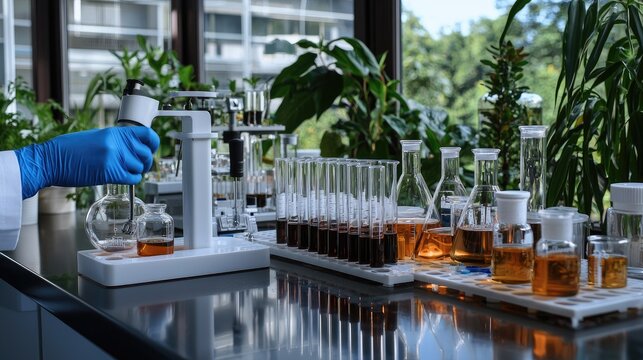 A researcher in gloves measures blue liquid into test tubes while conducting a scientific experiment in a lab