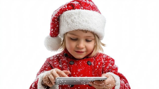 Caucasian child in red santa hat playing tablet amid snowfall