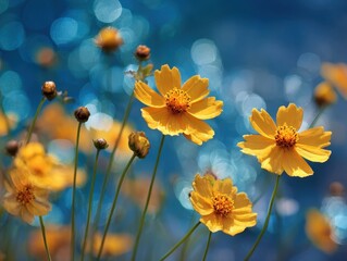 Vibrant Yellow Coreopsis Flowers Blurry Bokeh Background Field Sunlight Petals Green Stems Macro Photography Nature Beauty Golden Hues Floral Display