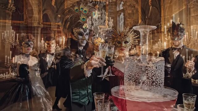 Elegant guests in ornate masks enjoy champagne at a lavish masquerade ball.