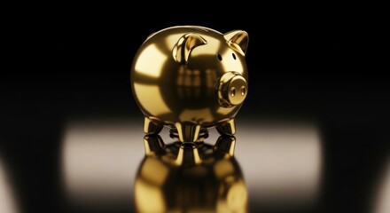 Shiny golden piggy bank sits on a reflective dark surface.