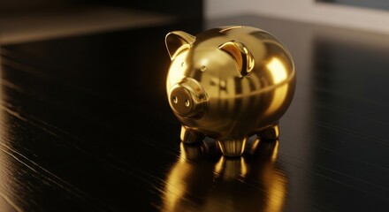 Shiny golden piggy bank sits on dark reflective wooden surface.