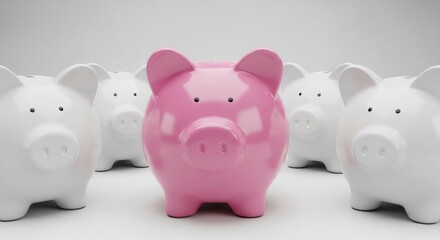 One pink piggy bank stands out among many white ones.
