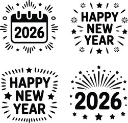 Happy New Year 2026 black icons set with fireworks, stars, and festive typography design
