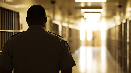 A silhouette of a correctional officer stands guard in a dimly lit prison hallway, ensuring security and maintaining order within the facility.