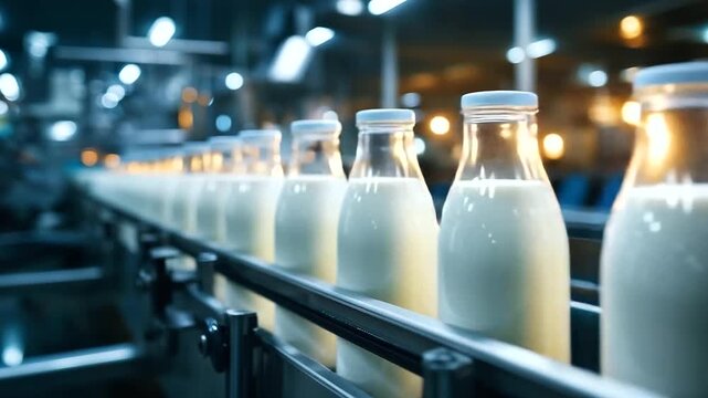 milk bottles on production line in modern dairy factory, clean industrial setting, stainless steel equipment, cold lighting, high quality food manufacturing 