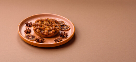 Apple or pumpkin pie or tart is a sweet American autumn treat. American apple pie
