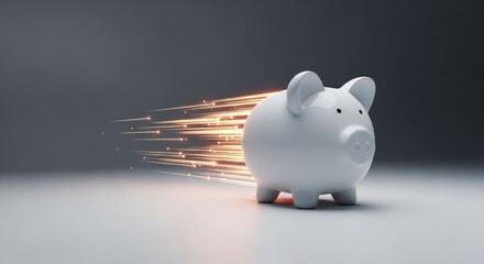 White piggy bank moving fast with glowing light trails