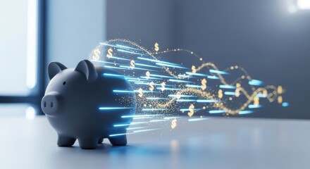 Piggy bank emitting glowing money symbols in motion blur.