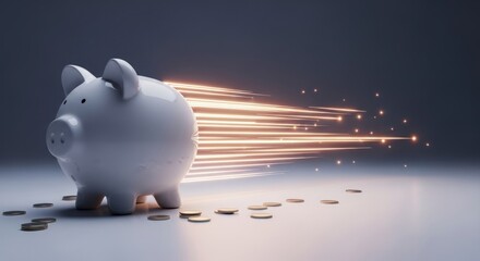 White piggy bank with glowing light streaks and scattered coins.