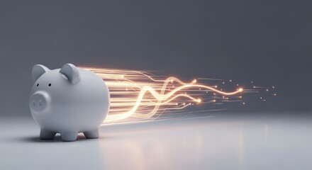 White piggy bank with glowing light trails moving rapidly away