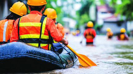 Rescue workers in bright orange uniforms and helmets navigate flooded area in rubber boat, showcasing teamwork and urgency during emergency