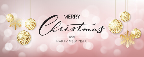 Merry Christmas background with blur bokeh light effect. Lettering Merry Christmas and Happy New Year