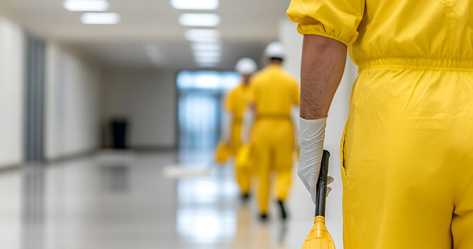 A cleaning crew in yellow protective gear walks down a bright hallway, equipped with cleaning tools, ensuring cleanliness and safety in a public space.  Team work in action. - Powered by Adobe