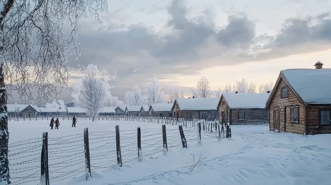 Individuals traverse a snowy path lined with barbed wire, heading towards a series of wooden buildings in a cold landscape - Powered by Adobe