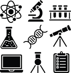 Science education solid icon set with atom, microscope, DNA, telescope, and laboratory tools, flat black vector style