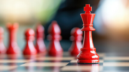 Close up of red chess king piece on chessboard, surrounded by red pawns, symbolizing strategy and competition