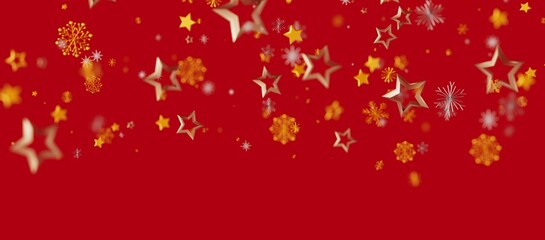 Festive Christmas background with floating stars and snowflakes on a red background. Perfect for holiday designs and celebrations. Add joy to yo