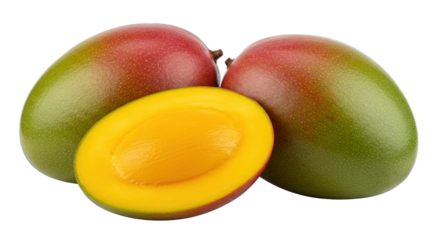 Whole and sliced fresh ripe mangoes isolated on a Transparent Background, showing vibrant red, green, and yellow colors.