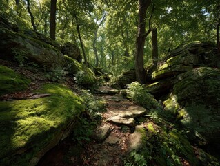 Naklejka premium Sun-Drenched Forest Path Amidst Moss-Covered Boulders and Lush Greenery, Winding Woodland Trail Bathed in Golden Light, Verdant Nature Walk, Enchanting Forest Journey