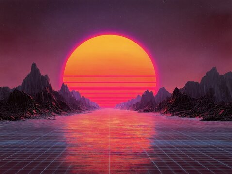 Vaporwave Synthwave Outrun Landscape Art with Giant Sun over Mountains and Grid Reflection on Water or Road. Neon Glow and Digital Terrain for Futuristic Cyberpunk Design and Abstract Backgrounds
