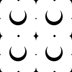 Seamless pattern with black crescent moon and stars on a white background. Cosmic minimalist illustration for wallpaper. Celestial design for wrapping paper, scrapbook, fabric or textile. 