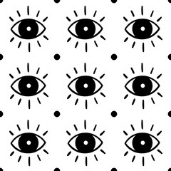 Celestial seamless pattern with magical eyes. Vector line illustration for textile, package, wrapping paper, card, or scrapbook. Design for esoteric wallpaper.