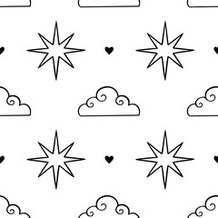 Seamless pattern with outline clouds, stars and hearts on a white background. Celestial design for wrapping paper, scrapbook, fabric, or textile. Cosmic line drawing for wallpaper or card.