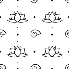 Celestial seamless pattern with lotus flower and seashell. Vector design for wrapping paper, scrapbook, fabric or textile. Minimalist line illustration for wallpaper. 