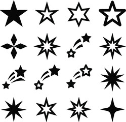 Star shapes solid icon set with different geometric variations including shooting stars and sparkles, minimal black vector illustration