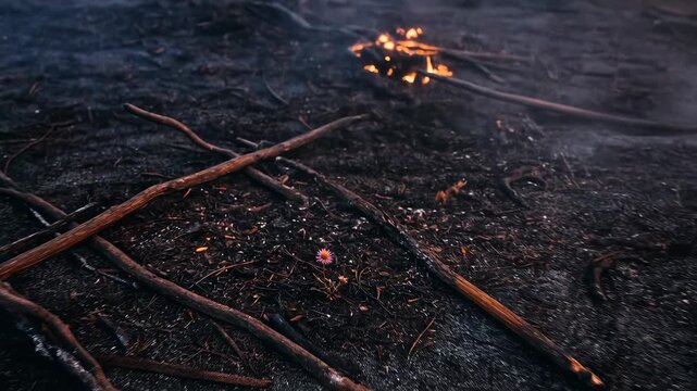 Single flower still alive among extinguished forest fire with remaining embers and smoke, new life after nature disaster footage.