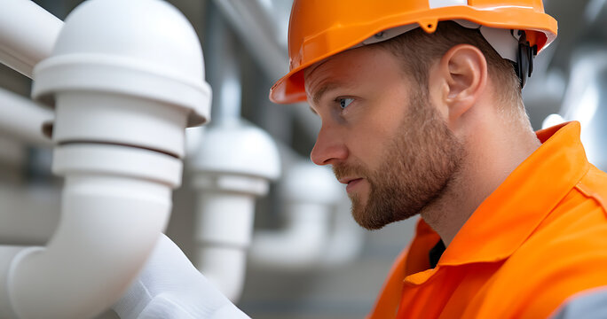 Attentive worker in safety gear inspecting complex pipework. Hard hat & uniform ensure protection. Close-up showcases precision & focus in a technical environment.