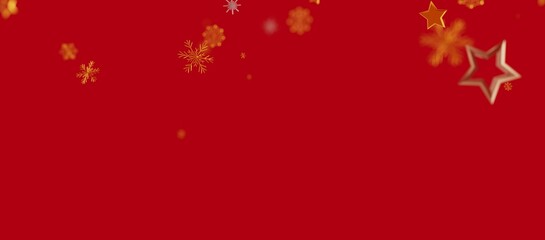 Christmas background with golden stars and snowflakes on a vibrant red backdrop perfect for holiday greetings and festive designs. Evokes feelin © vegefox.com