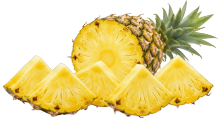 Fresh Cut Pineapple with Slices on Transparent Background, Half Pineapple and Juicy Fruit Chunks