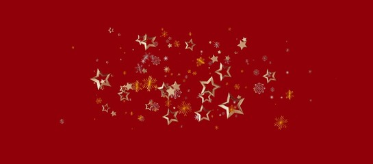 Christmas background with golden stars, snowflakes, and fireworks over a festive red background for holiday designs.