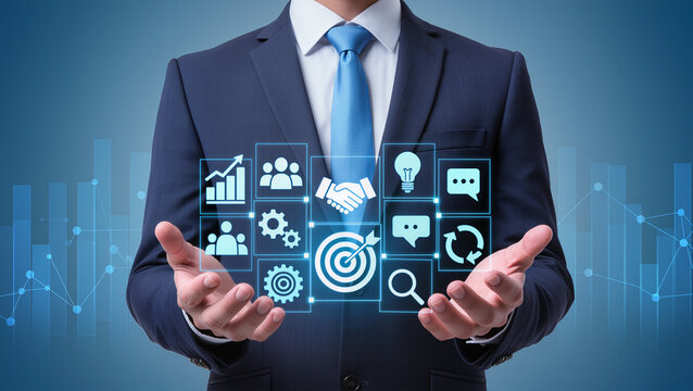 Business growth strategy and management, Businessman holding network structure and business icons