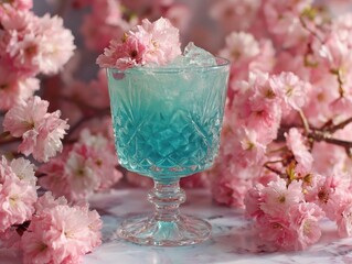 Textured glass filled with a chilled, gradient teal beverage and crushed ice, topped with lush pink cherry blossoms, surrounded by a vibrant field of soft-focus floral blooms