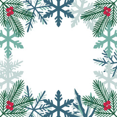 Christmas snowflake border with pine branches and red berries, festive winter frame vector illustration