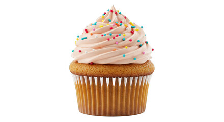 Delicious Cupcake with Pink Frosting and Colorful Sprinkles, Isolated on Transparent Background