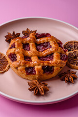 Cherry or strawberry sweet American Christmas pie or tart. American cherry pie