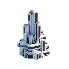 Futuristic city building isolated on transparent background, showcasing modern architecture and design elements