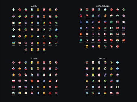 World Flags Collection by Continent, Set of All Country Flags of Europe, Asia, Africa, America, and Oceania